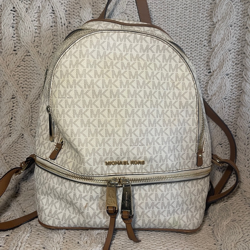 Michael Kors Signature White and Tan Backpack